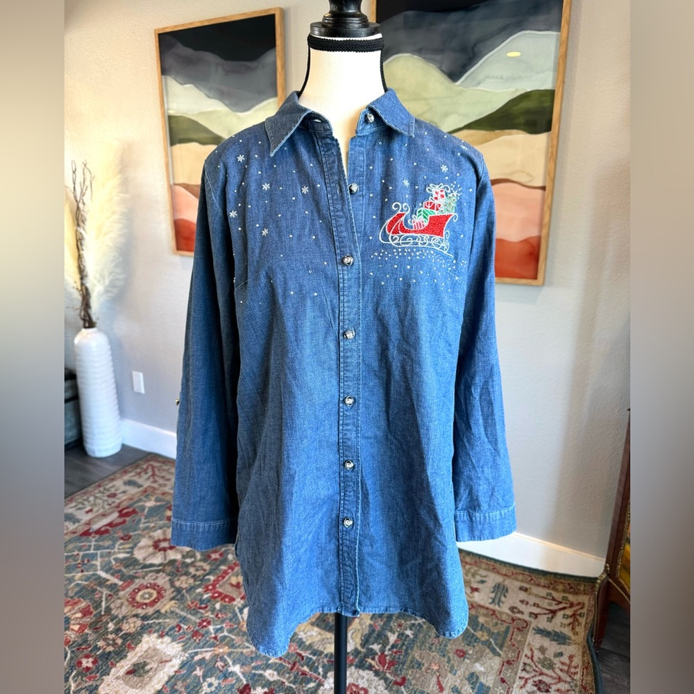 Quacker Factory Denim Holiday Sled Shirt